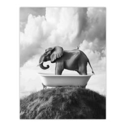 "Artery8 Elephant in Bathtub on a Hill Black White Surreal Wall Art Print in Grey - Size: W18"" x H24""" - thumbnail 1