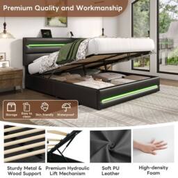 Merax Faux Leather Upholstered Ottoman Bed with LED Lighting & Charging in Black - Size: King - thumbnail 9