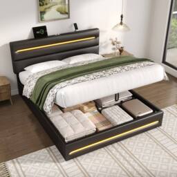 Merax Faux Leather Upholstered Ottoman Bed with LED Lighting & Charging in Black - Size: King