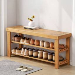 KORVIXA 3-Tier Bamboo Shoes Changing Stool in Natural - Size: 100 cm x 100 cm - thumbnail 1