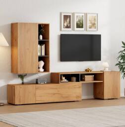 BTM TV Wall Unit Set Cabinet 265cm Wall Mounted Storage Wood Black in Natural - thumbnail 2