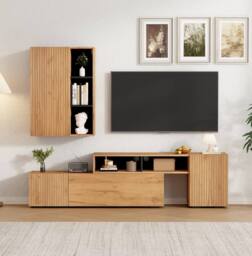 BTM TV Wall Unit Set Cabinet 265cm Wall Mounted Storage Wood Black in Natural