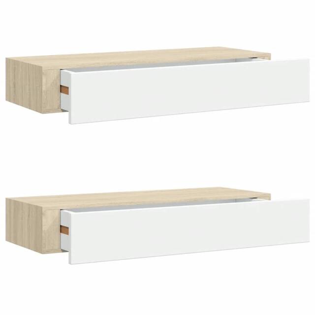 Berkfield Home Wall Drawer Shelves 2 pcs Oak & White 60x23.5x10cm MDF in Brown - Size: 60x23.5x10 cm - image 1