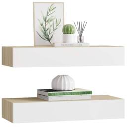 Berkfield Home Wall Drawer Shelves 2 pcs Oak & White 60x23.5x10cm MDF in Brown - Size: 60x23.5x10 cm - thumbnail 4