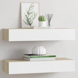 Berkfield Home Wall Drawer Shelves 2 pcs Oak & White 60x23.5x10cm MDF in Brown - Size: 60x23.5x10 cm - thumbnail 2
