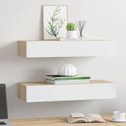 Berkfield Home Wall Drawer Shelves 2 pcs Oak & White 60x23.5x10cm MDF in Brown - Size: 60x23.5x10 cm - thumbnail 3
