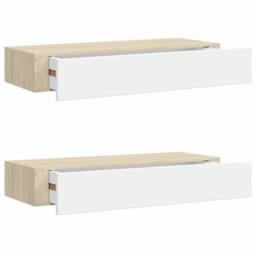 Berkfield Home Wall Drawer Shelves 2 pcs Oak & White 60x23.5x10cm MDF in Brown - Size: 60x23.5x10 cm - thumbnail 1