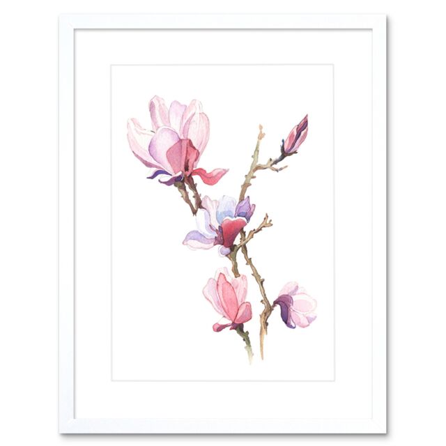 "Artery8 Wall Art Print Flower Magnolia Watercolour Art Framed 9x7 inch in White - Size: W7"" x H9""" - image 1