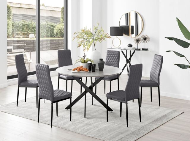 FurnitureboxUK Novara Grey Concrete Effect Black Leg 120cm Round Dining Table & 6 Velvet Milan Black Leg Chairs - image 1