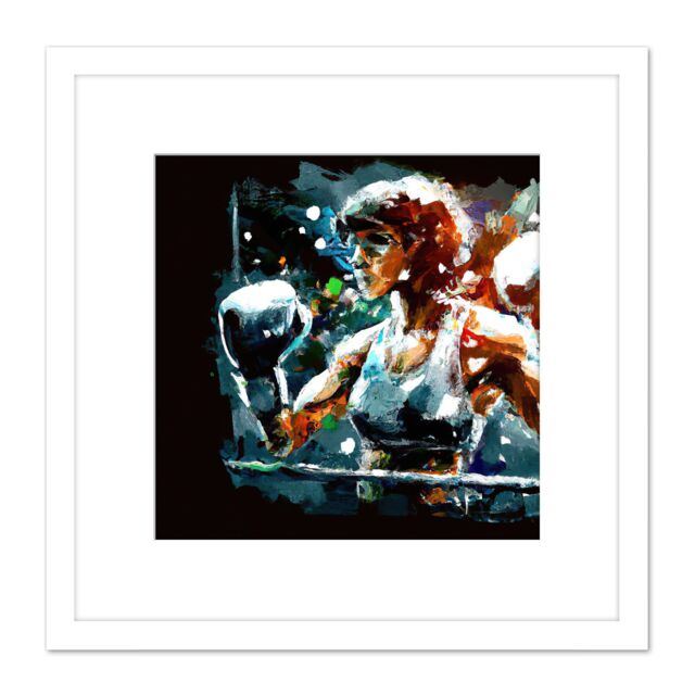 Artery8 Female Boxing Action Painting Boxing Ring Gloves Square Wooden Framed Wall Art Print Picture 8X8 Inch in White - image 1
