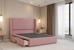"Chester & Oakley Velora Plush Divan Bed Base 2 Drawers Foot-End 54"" Winged Headboard in Pink - Size: Double" - thumbnail 2
