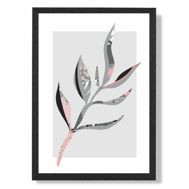 ARTZE Papyrus Leaf Grey & Pink Boho Botanical Framed Print SIZE: A2 with Black Frame - Size: A3 - image 1
