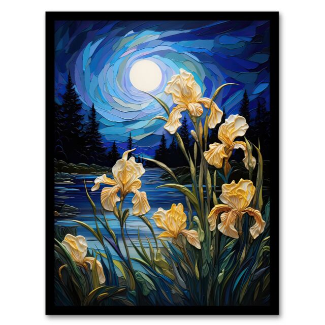Artery8 Wall Art Print Enchanting Iris Flowers Blooming Fantasy Full Moon Framed in Blue - Size: A4 - image 1