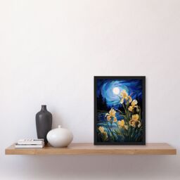 Artery8 Wall Art Print Enchanting Iris Flowers Blooming Fantasy Full Moon Framed in Blue - Size: A4 - thumbnail 4