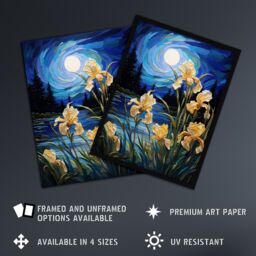 Artery8 Wall Art Print Enchanting Iris Flowers Blooming Fantasy Full Moon Framed in Blue - Size: A4 - thumbnail 2
