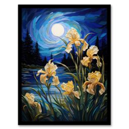 Artery8 Wall Art Print Enchanting Iris Flowers Blooming Fantasy Full Moon Framed in Blue - Size: A4 - thumbnail 1