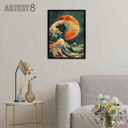 "Artery8 Full Moon Japanese Great Wave Framed Canvas Wall Art Print in Orange - Size: W12"" x H16""" - thumbnail 3