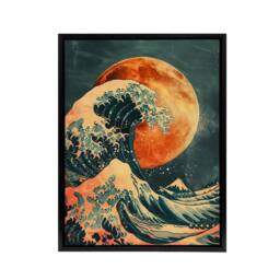 "Artery8 Full Moon Japanese Great Wave Framed Canvas Wall Art Print in Orange - Size: W12"" x H16""" - thumbnail 1