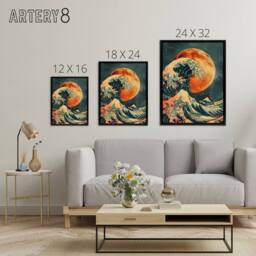 "Artery8 Full Moon Japanese Great Wave Framed Canvas Wall Art Print in Orange - Size: W12"" x H16""" - thumbnail 4