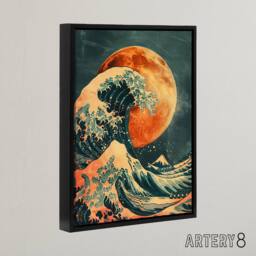 "Artery8 Full Moon Japanese Great Wave Framed Canvas Wall Art Print in Orange - Size: W12"" x H16""" - thumbnail 2