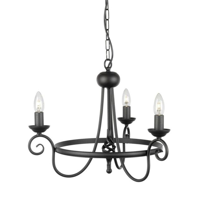 Loops 3 Bulb Chandelier Medieval Feel Soft Curving Arms Swirl Finial Black LED E14 60W