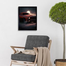 "Artery8 Wall Art Print Classic Red Sports Muscle Car On A Rainy Atmospheric Night Art Framed in Black - Size: W12"" x H16""" - thumbnail 2