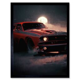 "Artery8 Wall Art Print Classic Red Sports Muscle Car On A Rainy Atmospheric Night Art Framed in Black - Size: W12"" x H16""" - thumbnail 1