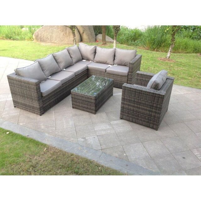 Fimous Pe Rattan Corner Sofa Set Outdoor Garden Furniture Oblong Coffee Table Armchair With Cushions in Dark Grey - image 1