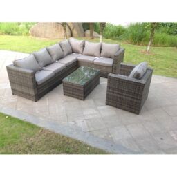 Fimous Pe Rattan Corner Sofa Set Outdoor Garden Furniture Oblong Coffee Table Armchair With Cushions in Dark Grey - thumbnail 1