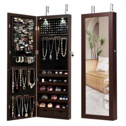 Costway 2 IN 1 Mirror Jewelry Cabinet Wall Mounted Jewelry Armoire W/ Mirror in Brown - thumbnail 1