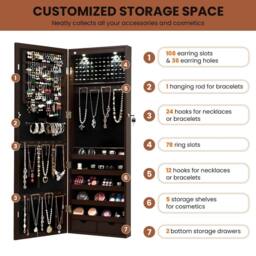 Costway 2 IN 1 Mirror Jewelry Cabinet Wall Mounted Jewelry Armoire W/ Mirror in Brown - thumbnail 5