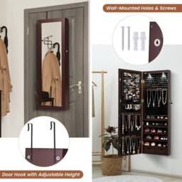 Costway 2 IN 1 Mirror Jewelry Cabinet Wall Mounted Jewelry Armoire W/ Mirror in Brown - thumbnail 8