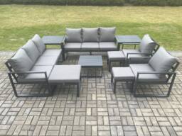 Fimous Aluminium Outdoor Garden Furniture Set Patio Lounge Sofa with Square Coffee Table 2 Side Tables 2 Armchairs 3 Footstools Dark Grey - thumbnail 1