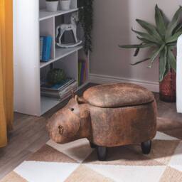Wyld and Coco Hippo Kids Stool with Storage - Brown Faux Leather Wooden Legs