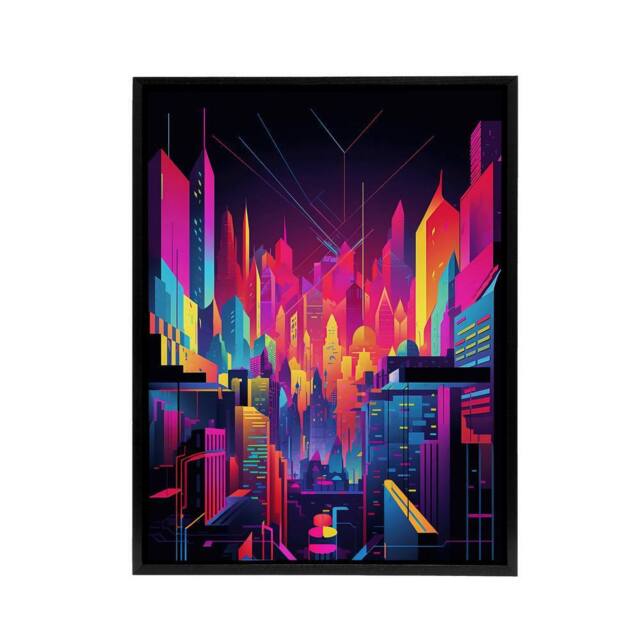 "Artery8 Neon Colour Abstract Cityscape Framed Canvas Wall Art Print in Pink - Size: W12"" x H16""" - image 1