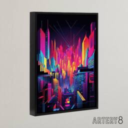 "Artery8 Neon Colour Abstract Cityscape Framed Canvas Wall Art Print in Pink - Size: W12"" x H16""" - thumbnail 2