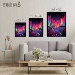 "Artery8 Neon Colour Abstract Cityscape Framed Canvas Wall Art Print in Pink - Size: W12"" x H16""" - thumbnail 4