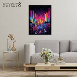 "Artery8 Neon Colour Abstract Cityscape Framed Canvas Wall Art Print in Pink - Size: W12"" x H16""" - thumbnail 3