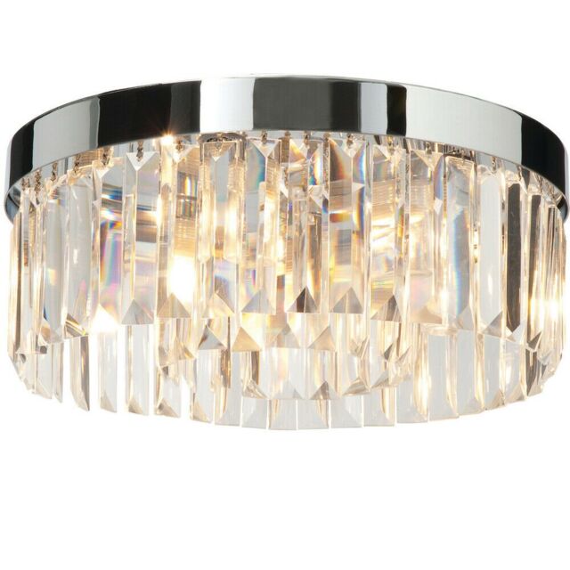 Loops Flush Bathroom Ceiling Light Luxury Crystal Chrome IP44 Round Lamp Bulb Holder - image 1