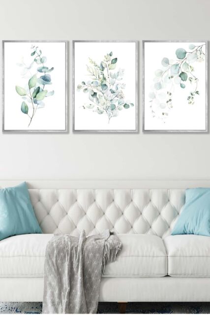 ARTZE Set of 3 Silver Framed Green Blue Watercolour Eucalyptus Set 3 Wall Art in Light Green - Size: W53 cm x H73 cm x D20mm - image 1