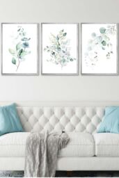 ARTZE Set of 3 Silver Framed Green Blue Watercolour Eucalyptus Set 3 Wall Art in Light Green - Size: W53 cm x H73 cm x D20mm - thumbnail 1