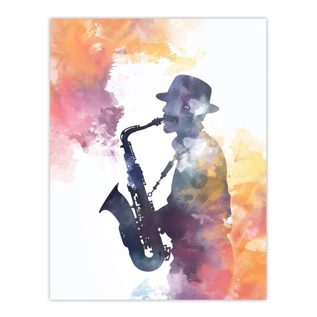 "Artery8 Saxophone Jazz Musician Orange Purple Watercolour Wall Art Print - Size: W24"" x H32""" - image 1