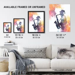 "Artery8 Saxophone Jazz Musician Orange Purple Watercolour Wall Art Print - Size: W24"" x H32""" - thumbnail 3