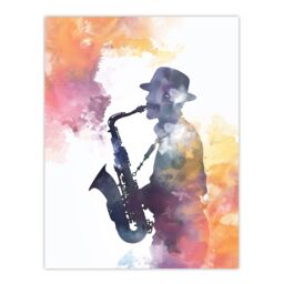 "Artery8 Saxophone Jazz Musician Orange Purple Watercolour Wall Art Print - Size: W24"" x H32""" - thumbnail 1