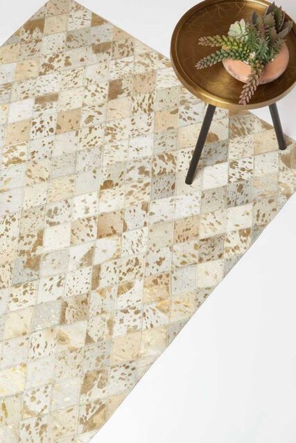 Homescapes Gold & Grey Geometric Diamond Leather Rug, 90 x 150 cm - Size: 90 cm x 150 cm - image 1