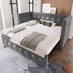 BTM Grey Velvet 3FT Daybed with Trundle & USB/Type-C Charging - thumbnail 5