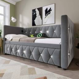BTM Grey Velvet 3FT Daybed with Trundle & USB/Type-C Charging - thumbnail 4
