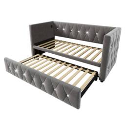 BTM Grey Velvet 3FT Daybed with Trundle & USB/Type-C Charging - thumbnail 9
