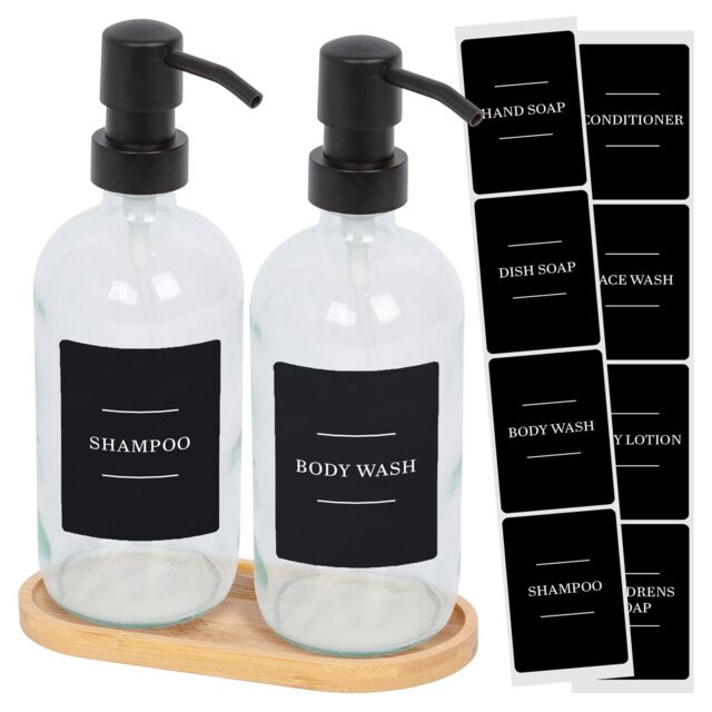 Harbour Housewares 2pc Glass Soap Dispenser Set with Bamboo Tray & Labels in Clear - image 1