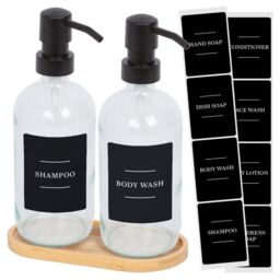 Harbour Housewares 2pc Glass Soap Dispenser Set with Bamboo Tray & Labels in Clear